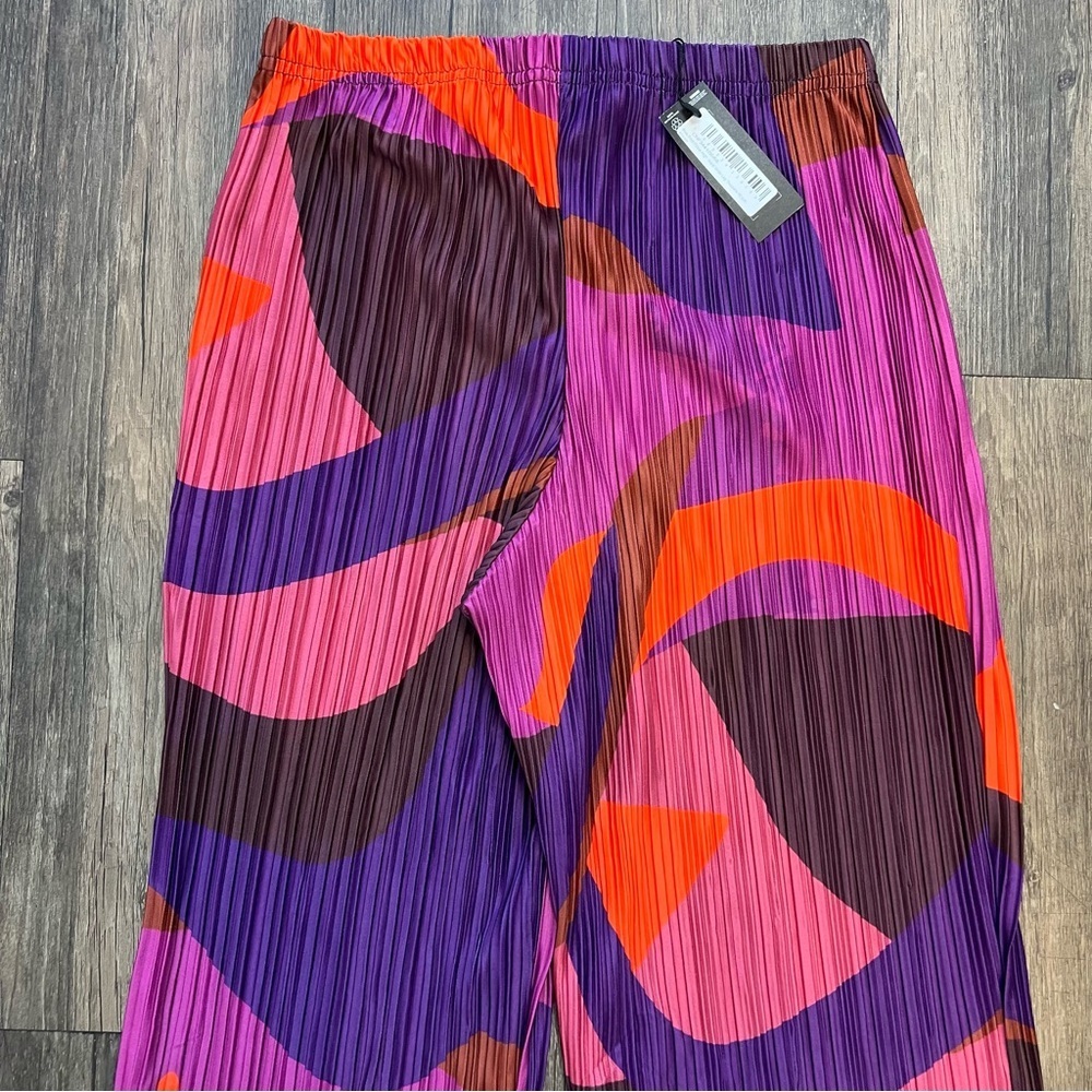 NWT PrettyLittle Thing Pink Orange Print Plisse High Waist Wide Loose Leg Pants - Picture 9 of 12
